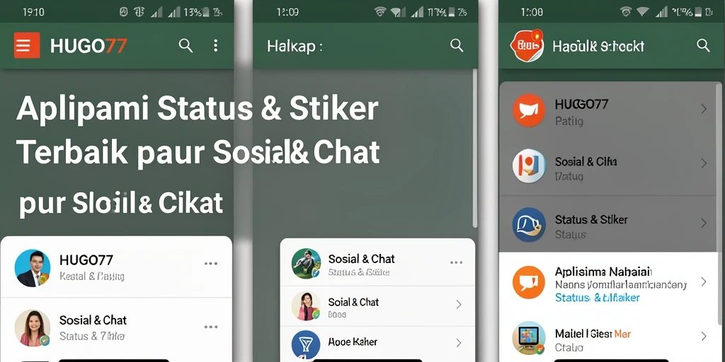 Antarmuka HUGO77 dengan beragam stiker dan status kreatif.